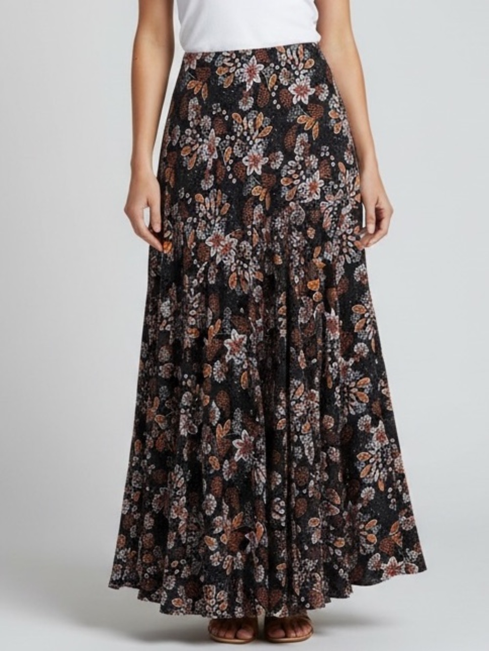 LOLA P Floral Print Spliced Seamed Maxi Skirt, SMALL, NAVY MULTI